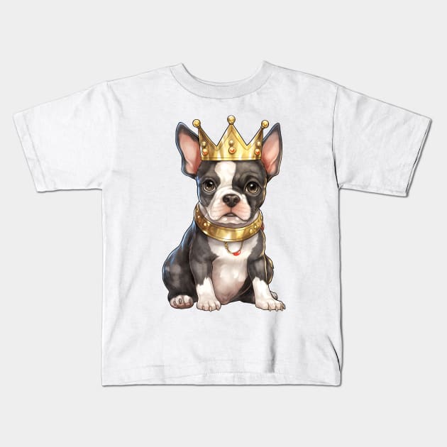 Watercolor Boston Terrier Dog Wearing a Crown Kids T-Shirt by Chromatic Fusion Studio